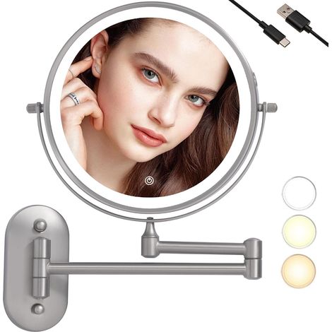 Miroir grossissant mural avec LED 10x pour toilette, salle de bain et rasage, rechargeable par USB, luminosité réglable et température de couleur (Nickel) (1/5)