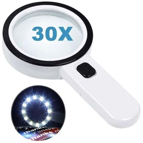 Loupe de lecture avec 12 lumières LED, double lentille en verre et grossissement de 30x. Pour une lecture facile des pièces de monnaie, des timbres et des cartes. (1/5)