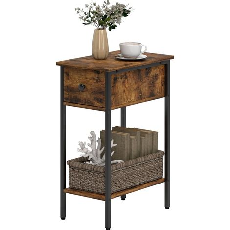 Mesa auxiliar estrecha con cajón y compartimento abierto, madera marrón y patas metálicas (1/5)