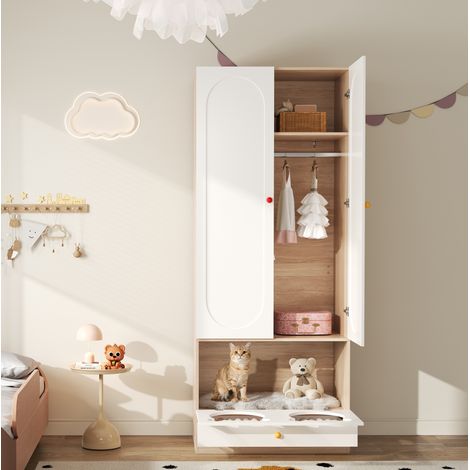 Armario infantil 80x50x200 cm blanco y natural en MDF con perchero, estantes abiertos y espacio para mascota (1/5)