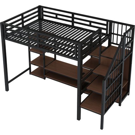 Lit mezzanine 90x200 cm avec support TV, prise et échelle sécurité, structure stable, gain de place, lit enfant superposé, rangement, noir, matelas non inclus (1/5)