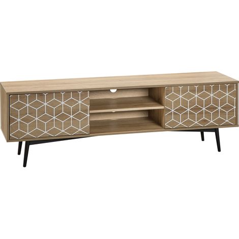 Soporte para TV chapa de madera clara para televisor de hasta 60ʺ con 2 gabinetes estante abierto Torvi (1/5)