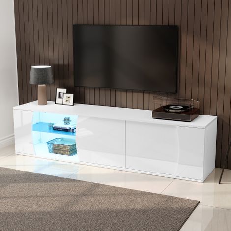 Meuble tv blanc 180x40x45 cm avec led, 3 portes, cloison en verre trempé et finition brillante (1/5)