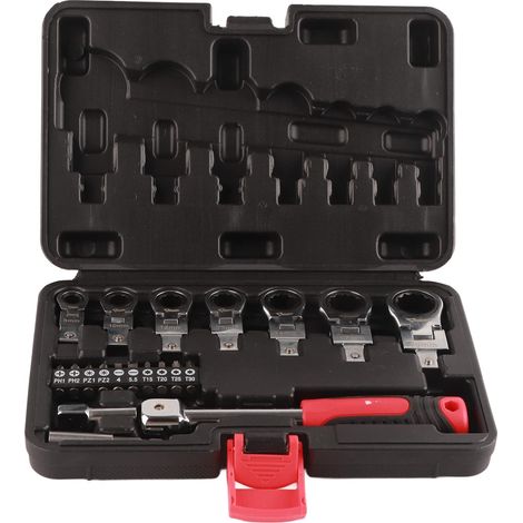 Jeu de 20 Clés à Cliquet avec Tête Flexible Rotative à 180 Degrés et Kit D'embouts de Tournevis, Jeu de Clés à Tête Flexible pour la Réparation Automobile (1/5)