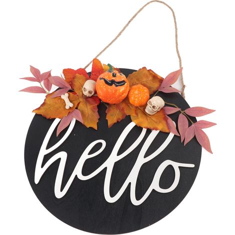 Rundes Türschild aus Holz im Landhausstil, Willkommensschild für die Haustür, Dekoration für Halloween und Weihnachten, lila Kürbis mit Blättern (1/5)