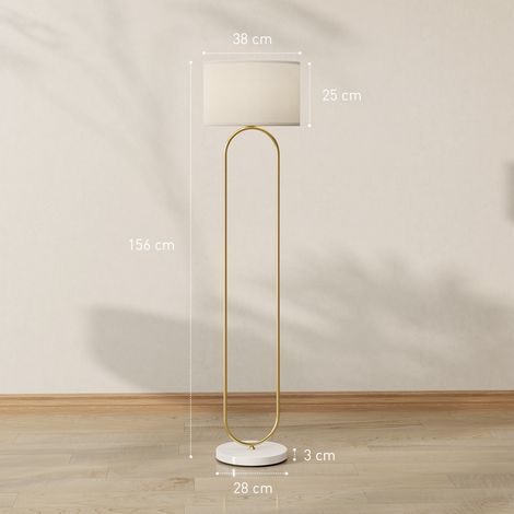 Lampadaire moderne avec abat-jour en tissu, double tube métallique et pédale, couleur or. (1/5)