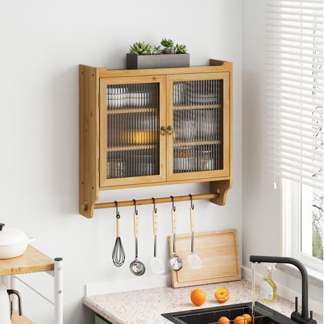Wandschrank 63x60x18 cm Naturfarben aus Massivholz und Glas mit drei Ablagen und Glastüren (1/5)