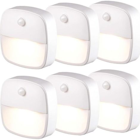 LED-Nachtlicht mit Bewegungsmelder, 6er-Set Nachtlichter mit Bewegungsmelder und Batterien, selbstklebendes Treppenhauslicht, Schranklicht für Flur und Schlafzimmer, Orientierungslicht (Weiß)