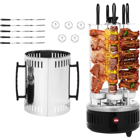 Barbacoa eléctrica vertical de acero inoxidable, 1000 W, parrilla eléctrica vertical para kebab, ideal para uso doméstico y comercial, con 5 brochetas, asas y bandeja recogegrasas, color negro y plata