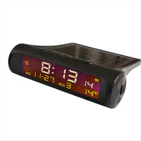 Horloge numérique solaire pour voiture avec affichage de la date, thermomètre, écran LCD et rétroéclairage, avec affichage de l'heure et de la date. Elle affiche l'heure et est rétroéclairée. (1/5)