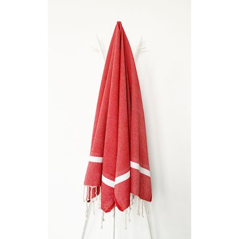 Fouta 100x200 Corfou Rouge Bande Blanche- 100% coton - franges