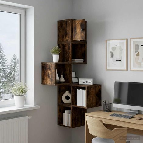 Étagère d’angle murale 7 compartiments en bois d’ingénierie chêne fumé 48 x 48 x 120 cm - PANGIVO (1/5)