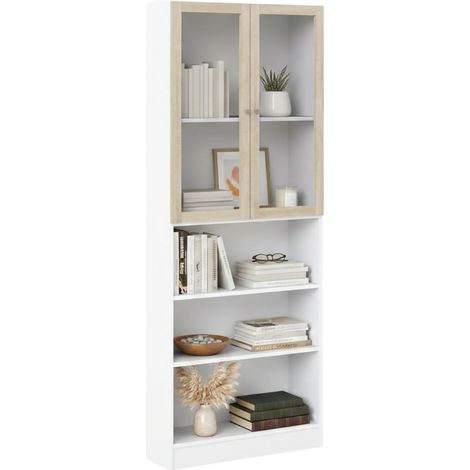 Dmora - Bücherregal Alixane, Büroregal, Mobiler Buchhalter, Bücherbrett, 79x28 h203 cm, Weiß und Eiche
