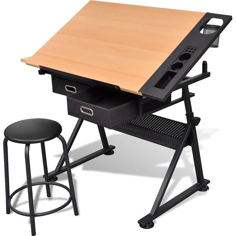 vidaXL Table à dessin inclinable 2 tiroirs et tabouret (1/5)