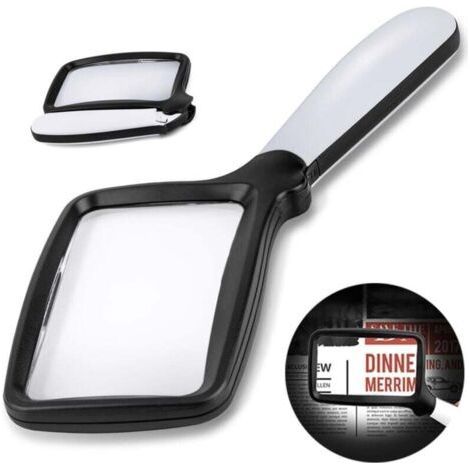 A folding magnifying glass with light (black, 3x magnification) suitable for patients with macular degeneration and for reading newspapers, books and small print documents. (1/4)
