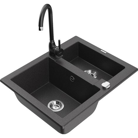 Mexen Carlos fregadero de granito de 1,5 senos con grifo de cocina Telma, negro moteado - 6518-76-670200-70 (1/5)