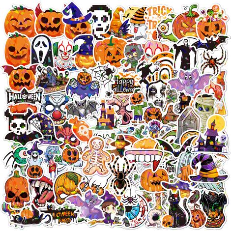 Autocollants Halloween Citrouille - Vinyle Étanche Réutilisable - Pour Bouteille Eau Ordinateur Valise Skateboard - 100 Pièces (1/5)