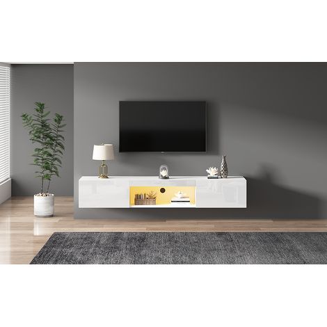 Meuble mural suspendu blanc brillant 1603122 cm pour TV 70 pouces, capacité de charge 30 kg, avec éclairage LED et commande Bluetooth via application (1/5)