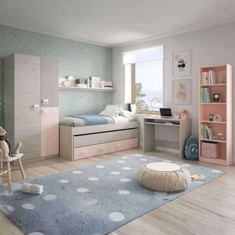 Pack Habitación Juvenil Infantil Rosa Gris Blanco Alpes (Cama Nido + estante + armario + escritorio + estantería) Con Somieres