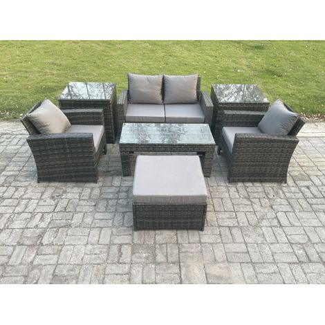 Fimous 5 Places Ensemble de meubles de jardin en rotin Ensemble de canapés de jardin ave Table basse 2 Table d'appoint Grand Tabouret Gris foncé (1/5)