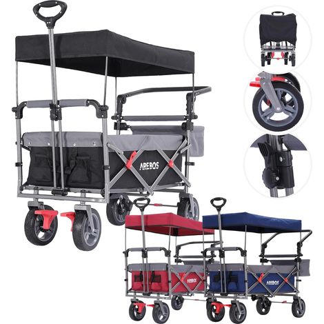 Arebos – Chariot de jardin pliable 100 kg – Sac XXL intégré – Roues pivotantes 360° – Auvent UV imperméable – Idéal pour camping et loisirs