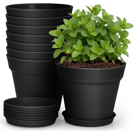 KINGLAKE 8 Pièces 10CM Pots Plastique Plantes Petite, Cache Pot Interieur Exterieur, Pot de Fleur Décoratifs Modernes, avec Plateaux et Trou de Drainage, pour Semis, Succulentes, Herbes -Noir (1/5)