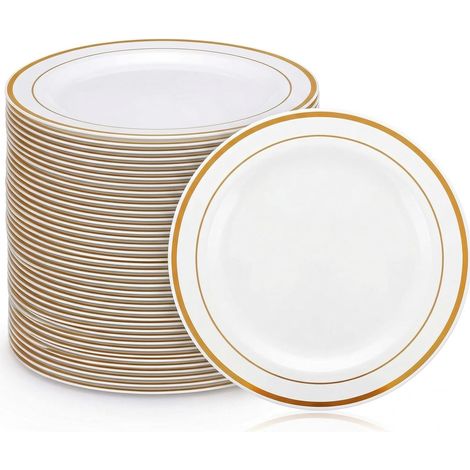 50 Pièces Assiette Plastique Reutilisable 20cm Assiette en Plastique Blanche Assiettes Dorées plastique Assiettes plastiques Rigide pour Mariages, Fêtes, Anniversaires, Noël et Baptêmes (1/5)