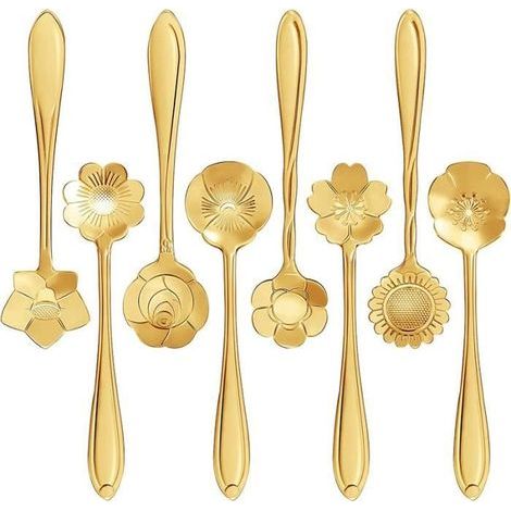 16 Pcs WOVTE Coffee Spoons Flower Shape Tea Spoons Dessert Spoons Mixing Spoons Tableware (Gold)