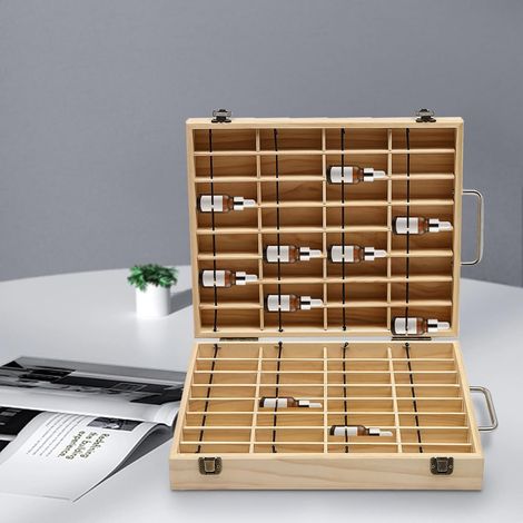 64-Grid Pine Essential Oil Storage Box Dual-Sided Wooden Organizer with Handles for 15ml Aromatherapy/Perfume/Nail Polish Bottles Ideal for Home/Beauty Salon/Office Use (1/5)