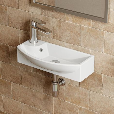 Lave-mains en céramique blanc 45 cm, avec trou de robinetterie à gauche et trop-plein – HOROW (1/5)