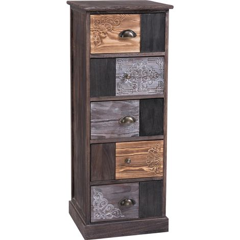 Idimex – Chiffonnier vintage 5 tiroirs en bois paulownia lasuré brun gris – Façades gravées – Dimensions 103 x 40 x 37 cm (H x L x P)