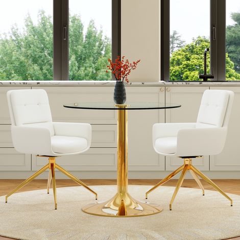 Set Tavolo e 2 Sedie da Pranzo, Piano in Vetro Temperato, Metallo, Trasparente, Bianco e Oro (1/5)