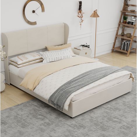 Bett Stoff und Metall Beige 160x200 cm mit gepolstertem Kopfteil (1/5)