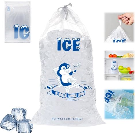 Lot de 10 sacs à glace en plastique avec cordon de serrage – Sacs robustes et réutilisables (capacité de 4,5 kg / 10 livres) – Sacs épais pour glaçons (congélateur)