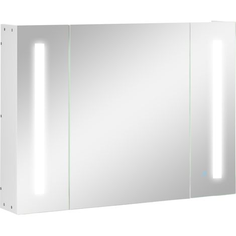 Miroir salle de bain rangement mural MDF 3 armoires 3 étagères lumière LED 90x15x65 cm, blanc