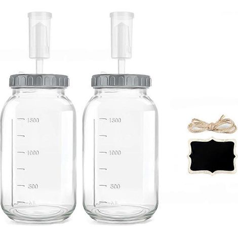 Kit de fermentation en bocaux de verre hermétiques comprenant 2 bocaux de 1,9 L (64 oz), couvercles en plastique, barboteurs, joints en silicone, œillets et poids en verre. (1/5)