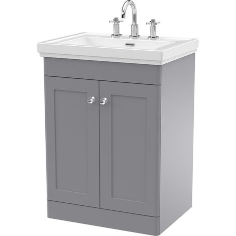 Nuie Classique Floor Standing 2-Door Vanity Unit with Basin 600mm Wide Satin Grey - 3 Tap Hole (1/5)
