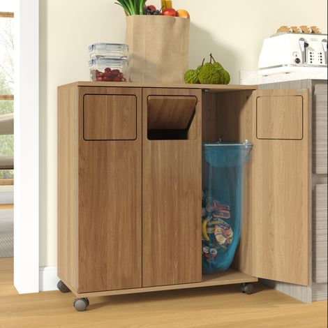 Meuble à poubelle à 3 compartiments, meuble de cuisine mobile aspect chêne, armoire de tri des déchets à 3 portes avec roulettes, pour cuisine et salle à manger, 69,3 x 35 x 80,3 cm (1/5)