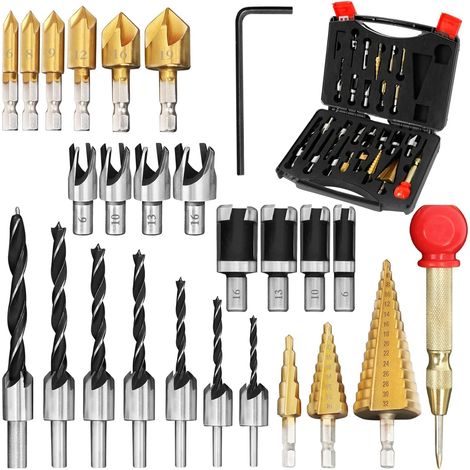 Juego de 26 herramientas para biselar y taladrar, aptas para trabajar la madera, hierro, cobre, aluminio, madera y láminas de PVC. (1/5)