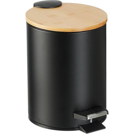 Poubelle de Salle de Bain, 3 l, Couvercle en Bambou, Seau intérieur Amovible, mécanisme de Fermeture, Noire (1/5)