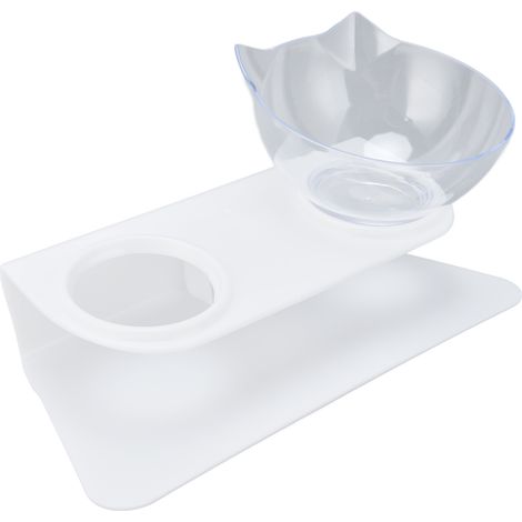 Gamelle double inclinée à 15° pour chat avec protection du cou, idéale pour la maison, les animaleries et le salon (bol transparent à base blanche). (1/5)