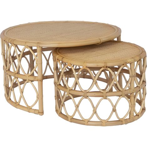 Vente-Unique – Tables basses gigognes en rotin tressé – Lot de 2 – Couleur naturel clair – Pieds en U – Charge max 25 kg – Livré monté