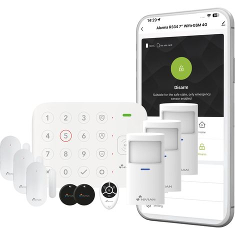 Nivian Sistema di Allarme WiFi con Tastiera e RFID – Kit Antifurto Wireless per Casa o Ufficio – Connessione WiFi, App Tuya, Sensore di Movimento e Porta, Sirena Integrata, Telecomando e 2 Tag RFID (1/4)
