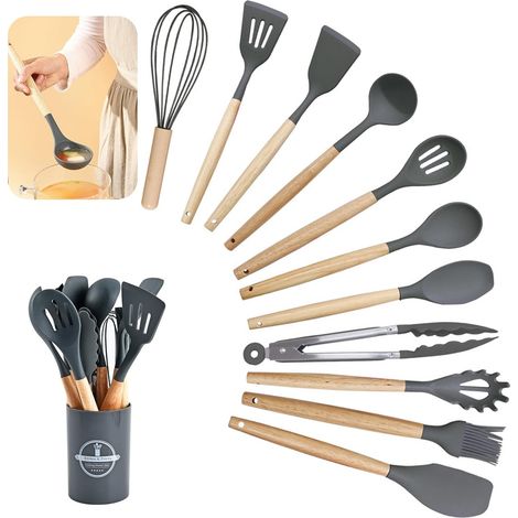 Lot de 12 Ustensiles de cuisine, Silicone et bois, Résistant chaleur, Lave-vaisselle, Cuisson quotidienne