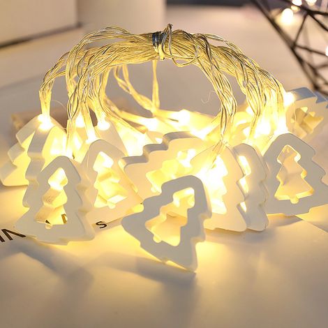 Guirlande lumineuse de Noël à pendentifs sapin en bois lumière blanc chaud, alimentée par boîtier à piles A13 (1/5)