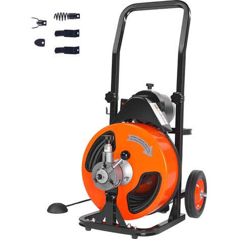VEVOR Desatascador Electrico de Desagües 23m x 9,5mm Máquina Limpiadora de Tuberías Fuente de Alimentación Automático con 4 Cortatubos de Pie para Tuberías de 2,54-10,16 cm Alcantarillado Inodoro
