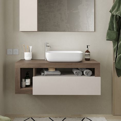 Meuble suspendu salle de bain couleur noyer et blanc L 110cm GAMA (1/5)