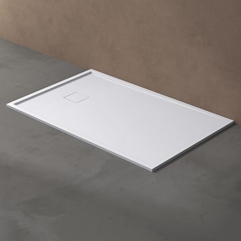 doporro Duschtasse Duschwanne 90x140x5 flach Mineralguss in Weiß inkl. Ablaufgarnitur AL06 DIN-Anschlüsse für bodenebene Montage geeignet Geoma08