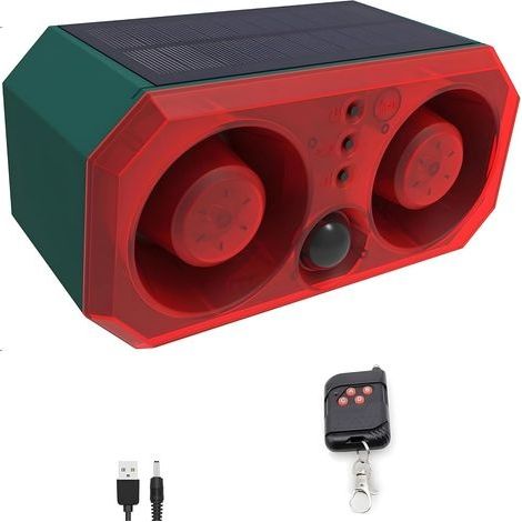 Alarme solaire extérieure avec détecteur de mouvement : aboiement de chien, détecteur de mouvement sonore d'aboiement de chien avec 2 faiseurs de bruit de 130 dB et 13 lumières stroboscopiques (1/5)