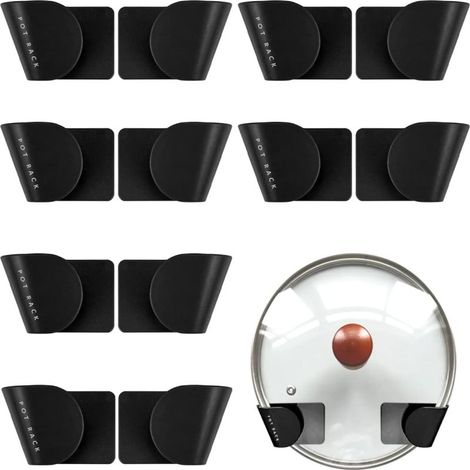 Support mural réglable pour six paires de couvercles de casseroles, noir, pour porte de placard de cuisine. (1/5)